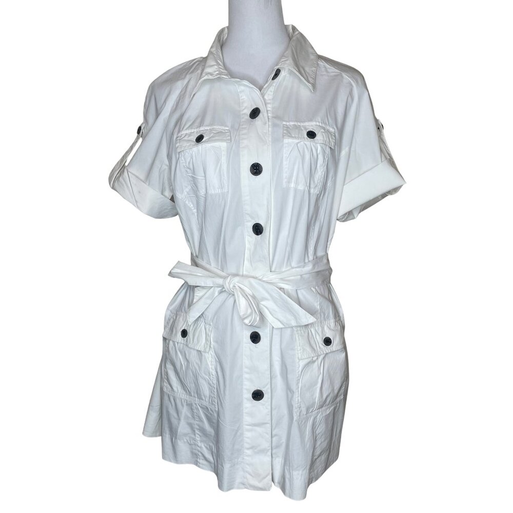 Calvin Klein Utility Shirt Dress White Cotton Belted Safari Cargo Mini L - Picture 2 of 13